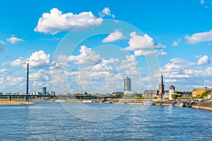 Riverside of Rhein in Dusseldorf with Saint Lambertus church, Germany