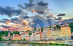 Riverside of the Saone in Lyon at sunset, France