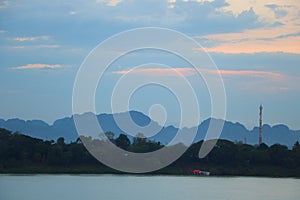 Riverside scenery, sunrise with Mountain at mekong river, khaeng khammouane, Laos