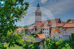 Riverside of Selska Sora river passing through Skofja Loka town photo