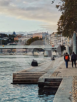 The riverside space of the river Saone, way of life in the public space of Lyon people, France