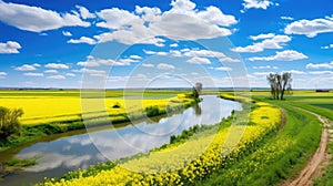Riverside spring fields bloom with vivid yellow flowers under a dynamic blue sky
