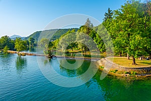 Riverside of Una in Bosnian town Bihac photo