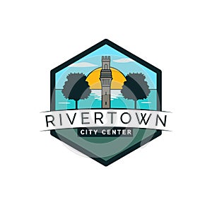 Rivertown city center logo design. Landscape and tower modern logotype