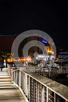 The riverwalk in Georgetown, South Carolina, USA at night.