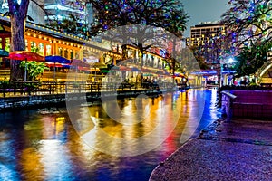 The Riverwalk at San Antonio, Texas, at Night.