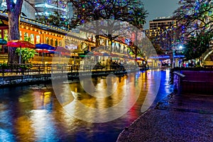 The Riverwalk at San Antonio, Texas, at Night. photo