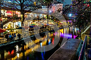 The Riverwalk at San Antonio, Texas, at Night. photo