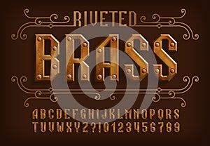 Riveted Brass alphabet font. Steampunk letters and numbers.