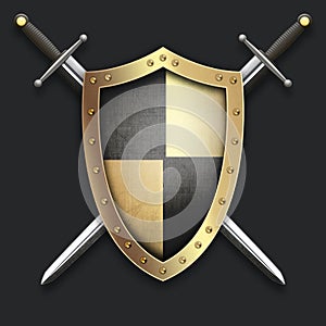 Riveted shield and swords on black background