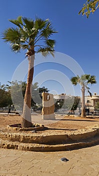 Riyadh park on nice sunshine day, palm trees and two stone monument in the midle