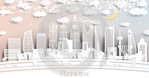 Riyadh Saudi Arabia City Skyline in Paper Cut Style with White Buildings, Moon and Neon Garland