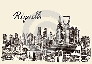 Riyadh skyline engraved vector hand drawn sketch