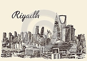 Riyadh skyline engraved vector hand drawn sketch photo