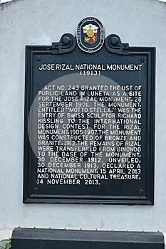 Rizal national monument marker at Rizal park in Manila, Philippines