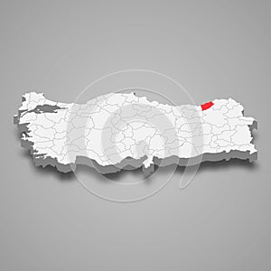 Rize region location within Turkey 3d map