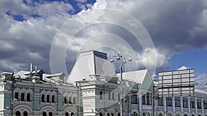 Rizhsky railway station Rizhsky vokzal, Riga station against the clouds written Rizhsky railway station in Russian, Moscow, Russia