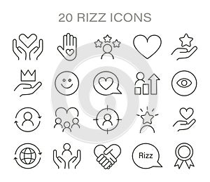 Rizz icon set. Minimalist line icons representing various aspects of social interaction