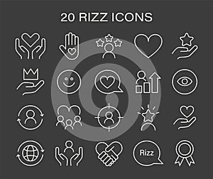 Rizz icon set. Minimalist line icons representing various aspects of social interaction