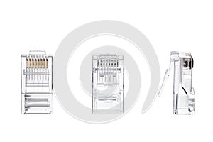 RJ45 connectors on a white background. Registered Jack. Ethernet LAN. Connect network. Close up