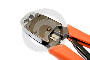 Rj45 network crimper close up with red handles on white isolated background. Copy space.