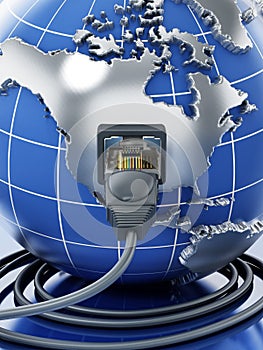 Rj45 plug connected to blue globe with world map. 3D illustration