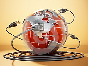 Rj45 plug connected to blue globe with world map. 3D illustration