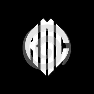 RMC circle letter logo design with circle and ellipse shape. RMC ellipse letters with typographic style. The three initials form a