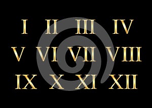 Gold Roman Numerals set collection isolated on black background. Elegant ancient number font 1 to 12 old golden luxury math photo