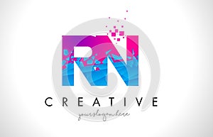 RN R N Letter Logo with Shattered Broken Blue Pink Texture Design Vector.