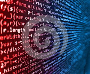 RNN Neural Network source code. Application web source code on monitor. Programming of Internet website. Database bits access