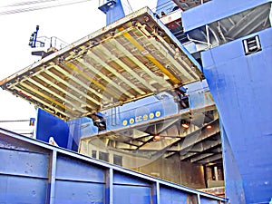 Ro-Ro ship. The ramp are used as main way for loading and unloading containers, vehicles and general cargoes in-to vessel.