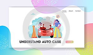Road Accident with Broken Car Website Landing Page, Man Looking under Transport Hood with Smoke Going out, Girl Call to Repair