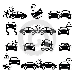 Road accident, car crash, personal injury icons set