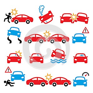 Road accident, car crash, personal injury icons set