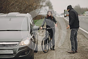 Road accident with cyclist man driver and car