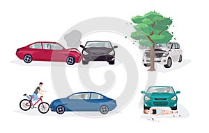 Road accident different situations collection. Car crash with car, tree, bicycle and skater. Colorful vector