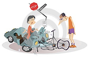 Road accident, driver, cyclist and broken bike illustration