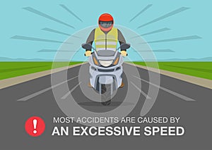 Road accident involving a motorcycle. Most accidents are caused by an excessive speed warning poster design. photo