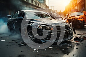 Road accident involving vehicles in a distressing car collision scene