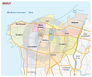 Road, administrative and political map of the Lebanese capital Beirut