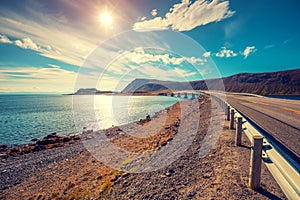 The road along the fjord on the island of Mageroya. Road to Nordkapp, Norway