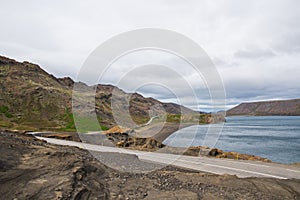 Road along lake Kleifarvatn in south Iceland