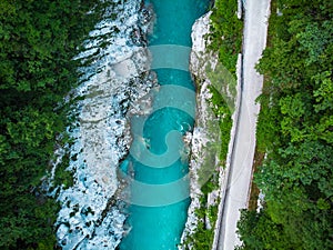 Road along Soca river in Slovenia Triglav Park, aerial view