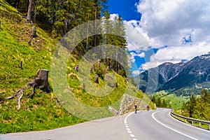 Road among Alps mountains, Klosters-Serneus, Davos, Graubuenden