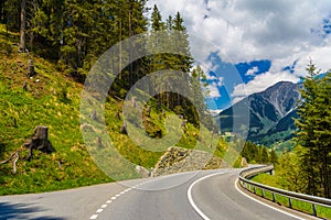 Road among Alps mountains, Klosters-Serneus, Davos, Graubuenden