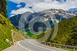 Road among Alps mountains, Klosters-Serneus, Davos, Graubuenden