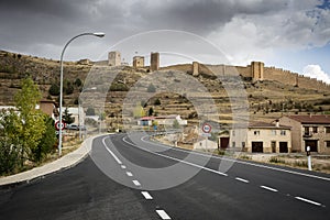 Road and the ancient castle in Molina de AragÃ³n city, Guadalajara, Spain