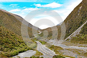 Road in Arthur pass and high mountains, South island, New Zealand