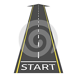 Road or asphalt highway concept with start line, arrow and horizon perspective. Vector illustration